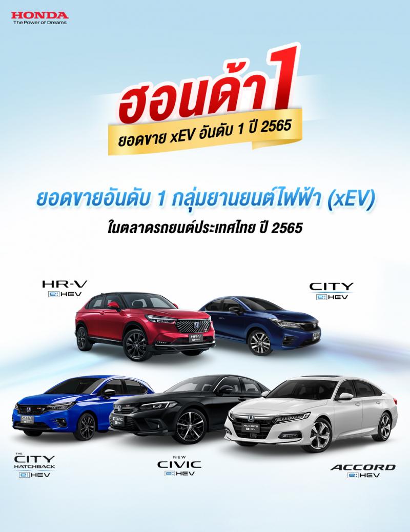 ฮอนด้าคว้าอันดับ 1 ยอดขายกลุ่ม xEV ในตลาดรถยนต์ประเทศไทยปี 2565 พิสูจน์ความเชื่อมั่นในยนตรกรรมฟูลไฮบริด e:HEV ด้วยสมรรถนะทรงพลัง ประหยัดน้ำมันดีเยี่ยม อุ่นใจด้วยศูนย์บริการที่ครอบคลุมทั่วประเทศ