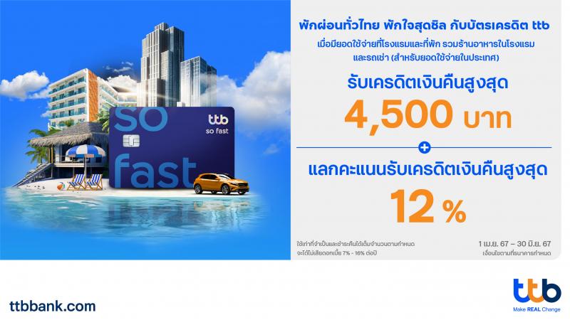 บัตรเครดิต ttb มอบสิทธิ์สุดคุ้ม พักผ่อนทั่วไทย พักใจสุดชิล รับเครดิตเงินคืนสูงสุด 4500 บาท พร้อมแลกคะแนนรับเครดิตเงินคืนสูงสุด 12%