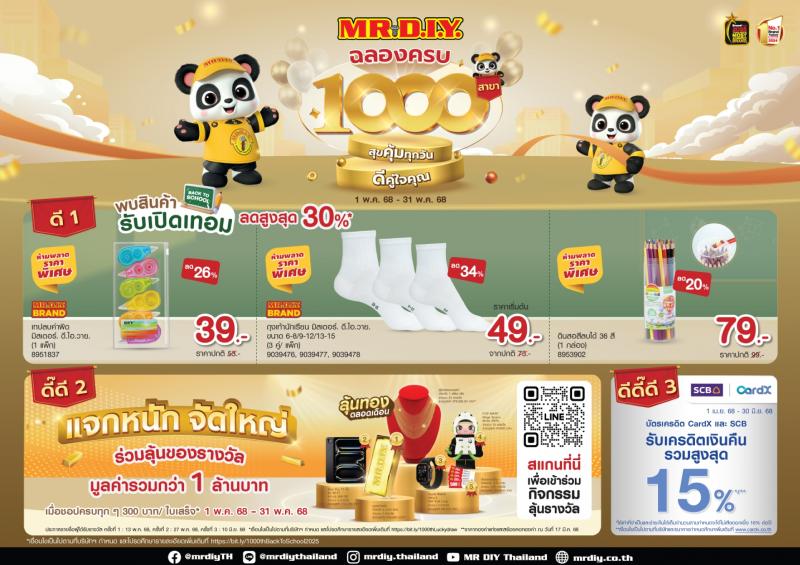 มิสเตอร์. ดี.ไอ.วาย. ปล่อยแคมเปญใหญ่ปี 2568 “ฉลองครบ 1000 สาขา สุขคุ้มทุกวัน ดีคู่ใจคุณ” แจกของรางวัลมูลค่ารวมกว่า 1 ล้านบาท พร้อมจัดโปรต้อนรับเปิดเทอม มิสเตอร์. ดี.ไอ.วาย. ปล่อยแคมเปญใหญ่ปี 2568 “ฉลองครบ 1000 สาขา สุขคุ้มทุกวัน ดีคู่ใจคุณ” แจกของรางวัลมูลค่ารวมกว่า 1 ล้านบาท พร้อมจัดโปรต้อนรับเปิดเทอม