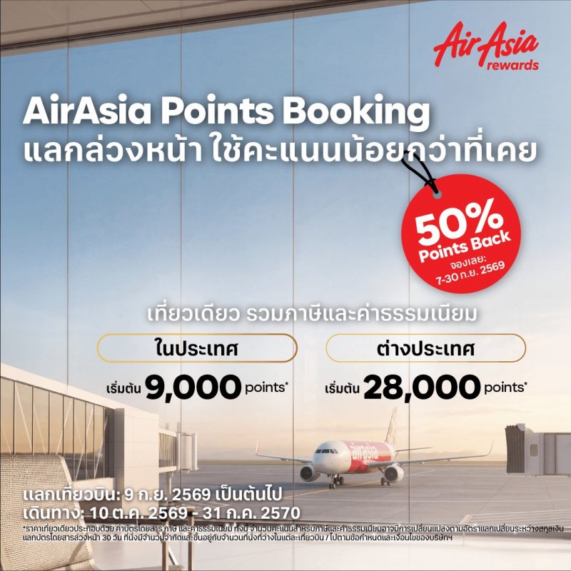 AirAsia rewards เปิดตัวฟีเจอร์ใหม่ ”Points Booking”  วางแผนแลกเที่ยวบินง่ายขึ้น ด้วยจำนวนคะแนนที่กำหนดตามแต่ละเส้นทาง  พร้อมรับคะแนนคืน 50% ถึง 30 ก.ย. นี้ 